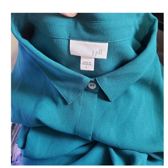 J Jill Polyester Emerald Green Long sleeve button up pleat back top Size Large - Picture 2 of 8